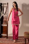 Buy_Aavya_Magenta Silk, Organza Embroidery, Zari Round Neck Placed Kurta Pant Set _at_Aza_Fashions