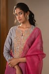 Buy_Aavya_Gray Silk, Shantoon, Organza Embroidery, Sequins, Kurta Flared Palazzo Set _Online_at_Aza_Fashions