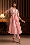 Shop_Aavya_Pink Silk, Shantoon, Organza Embroidery, Zari Round Neck Anarkali Set _Online_at_Aza_Fashions