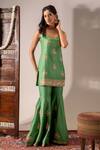 Buy_Aavya_Green Silk, Shantoon, Organza Embroidery, Metallic Short Kurta Gharara Set _Online_at_Aza_Fashions