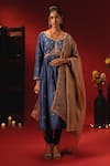 Aavya_Blue Silk, Shantoon, Organza Embroidery, Metallic Thread V-neck Anarkali Set _Online_at_Aza_Fashions