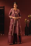 Shop Aavya Wine Silk, Organza Embroidery, Metallic Thread V-neck Kurta Palazzo Set at Aza Fashions Shop_Aavya_Wine Silk, Organza Embroidery, Metallic Thread V-neck Kurta Palazzo Set _at_Aza_Fashions