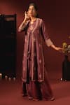 Aavya Wine Silk, Organza Embroidery, Metallic Thread V-neck Kurta Palazzo Set at Aza Fashions Aavya_Wine Silk, Organza Embroidery, Metallic Thread V-neck Kurta Palazzo Set _at_Aza_Fashions
