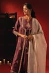 Buy Aavya Wine Silk, Organza Embroidery, Metallic Thread V-neck Kurta Palazzo Set Buy_Aavya_Wine Silk, Organza Embroidery, Metallic Thread V-neck Kurta Palazzo Set