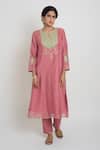 Sinjhar_Pink Chanderi, Silk Organza Embroidery, Zari Round Kurta, Pant And Dupatta Set _at_Aza_Fashions
