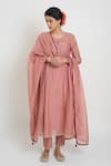 Buy_Sinjhar_Pink Chanderi Embroidery, Beads, Tassels Round Neck Kurta, Pant And Dupatta Set _at_Aza_Fashions