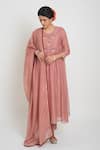 Shop_Sinjhar_Pink Chanderi Embroidery, Beads, Tassels Round Neck Kurta, Pant And Dupatta Set _Online_at_Aza_Fashions