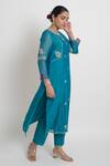 Sinjhar_Blue Chanderi Embroidery, Piping Round Neck, Split Kurta And Pant Set With Dupatta _Online_at_Aza_Fashions