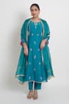 Buy_Sinjhar_Blue Chanderi Embroidery, Piping Round Neck, Split Kurta And Pant Set With Dupatta _at_Aza_Fashions