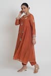 Sinjhar_Rust Chanderi Embroidery, Zari, Piping Round Neck, Kurta, Pant And Dupatta Set _Online_at_Aza_Fashions