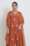 Sinjhar_Rust Chanderi Embroidery, Zari, Piping Round Neck, Kurta, Pant And Dupatta Set _at_Aza_Fashions