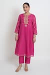 Shop_Sinjhar_Fuchsia Chanderi, Silk Organza Embroidery, Zari Split Kurta, Pant And Dupatta Set _at_Aza_Fashions