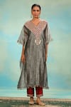 Shop_Swati Wadhwani Couture_Gray Tissue, Chanderi Embroidery, Sequins, Crush Kaftan And Contrast Pant Set 