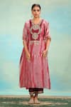 Buy_Swati Wadhwani Couture_Pink Tissue, Chanderi Embroidery, Tassels Square Neck Crush Kaftan And Pant Set _at_Aza_Fashions