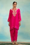 Shop_Swati Wadhwani Couture_Pink Silk, Tissue Zari, Pearls, Embroidery, Pom-poms V-neck And Kurta Dhoti Set _Online_at_Aza_Fashions