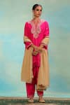 Buy_Swati Wadhwani Couture_Pink Silk, Tissue Zari, Pearls, Embroidery, Pom-poms V-neck And Kurta Dhoti Set _at_Aza_Fashions