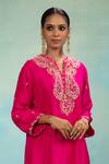 Swati Wadhwani Couture_Pink Silk, Tissue Zari, Pearls, Embroidery, Pom-poms V-neck And Kurta Dhoti Set _at_Aza_Fashions