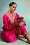 Buy_Swati Wadhwani Couture_Pink Silk, Tissue Zari, Pearls, Embroidery, Pom-poms V-neck And Kurta Dhoti Set 