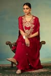 Shop_Swati Wadhwani Couture_Red Silk, Crepe Zari, Pearls, Tassels And Embroidered Kaftan Dhoti Skirt Set 