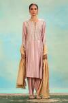 Shop_Swati Wadhwani Couture_Pink Tissue Embroidery, Mirrors Split V-neck Dabka And Zari Choga Salwar Set _at_Aza_Fashions