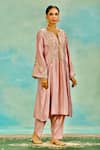Buy_Swati Wadhwani Couture_Pink Tissue Embroidery, Mirrors Split V-neck Dabka And Zari Choga Salwar Set _Online