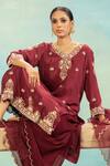Swati Wadhwani Couture_Wine Crepe, Organza Embroidery, Pearls V-neck Thread And Kurta Sharara Set _at_Aza_Fashions