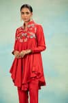 Buy_Swati Wadhwani Couture_Red Silk, Crepe Embroidery Mandarin Collar, Split V-neck Peplum Kurta And Pant Set _Online_at_Aza_Fashions