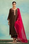 Shop_Swati Wadhwani Couture_Brown Crepe, Organza Zari, Pearls, Embroidery, Tassels V-neck And Work Kurta Set _at_Aza_Fashions