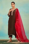 Swati Wadhwani Couture_Brown Crepe, Organza Zari, Pearls, Embroidery, Tassels V-neck And Work Kurta Set _at_Aza_Fashions