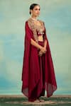 Shop_Swati Wadhwani Couture_Wine Crepe Embroidery, Beads Open Neck, Dori And Cutdana Cape Blouse Dhoti Set _Online_at_Aza_Fashions