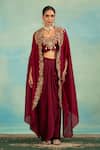 Shop_Swati Wadhwani Couture_Wine Crepe Embroidery, Beads Open Neck, Dori And Cutdana Cape Blouse Dhoti Set _at_Aza_Fashions