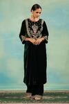Buy_Swati Wadhwani Couture_Emerald Green Velvet Embroidery, Pearls Round Neck Dabka And Choga Set _at_Aza_Fashions