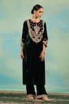 Shop_Swati Wadhwani Couture_Emerald Green Velvet Embroidery, Pearls Round Neck Dabka And Choga Set _Online_at_Aza_Fashions