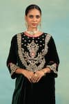 Swati Wadhwani Couture_Emerald Green Velvet Embroidery, Pearls Round Neck Dabka And Choga Set _at_Aza_Fashions