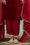Swati Wadhwani Couture_Maroon Velvet, Crepe Embroidery, Metallic Thread, Piping V-neck Dabka Kurta Set _Online_at_Aza_Fashions