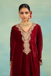Shop_Swati Wadhwani Couture_Maroon Velvet, Crepe Embroidery, Metallic Thread, Piping V-neck Dabka Kurta Set _Online_at_Aza_Fashions