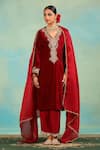 Swati Wadhwani Couture_Maroon Velvet, Crepe Embroidery, Metallic Thread, Piping V-neck Dabka Kurta Set _at_Aza_Fashions
