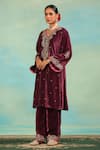Buy_Swati Wadhwani Couture_Purple Velvet Zari, Pearls, Embroidery V-neck And Kurta Set _Online_at_Aza_Fashions