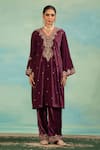 Shop_Swati Wadhwani Couture_Purple Velvet Zari, Pearls, Embroidery V-neck And Kurta Set _at_Aza_Fashions