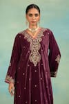 Swati Wadhwani Couture_Purple Velvet Zari, Pearls, Embroidery V-neck And Kurta Set _at_Aza_Fashions
