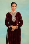 Swati Wadhwani Couture_Maroon Velvet, Tissue Embroidery V-neck Dabka Kurta Set With Dupatta _Online_at_Aza_Fashions