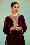 Buy_Swati Wadhwani Couture_Maroon Velvet, Tissue Embroidery V-neck Dabka Kurta Set With Dupatta _Online_at_Aza_Fashions