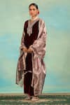 Swati Wadhwani Couture_Maroon Velvet, Tissue Embroidery V-neck Dabka Kurta Set With Dupatta _at_Aza_Fashions