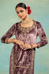 Buy_Swati Wadhwani Couture_Mauve Velvet, Crepe, Tissue Zari Round Neck Work Kurta Sharara And Dupatta Set _Online_at_Aza_Fashions