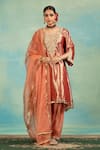 Buy_Swati Wadhwani Couture_Rust Tissue, Chanderi, Organza Zari, Pearls, And Work Kurta Salwar Set 