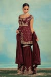Swati Wadhwani Couture_Wine Silk Embroidery, Zari, Tassels Round Neck And Dabka Peplum Kurta Gharara Set _Online_at_Aza_Fashions