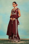 Buy_Swati Wadhwani Couture_Wine Silk Embroidery, Zari, Tassels Round Neck And Dabka Peplum Kurta Gharara Set _Online_at_Aza_Fashions