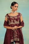 Shop_Swati Wadhwani Couture_Wine Silk Embroidery, Zari, Tassels Round Neck And Dabka Peplum Kurta Gharara Set _Online_at_Aza_Fashions