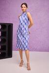 Buy_Tara And I_Blue Silk Embroidery Halter Neck Aquarelle Print Dress _at_Aza_Fashions