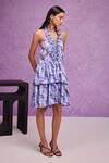 Tara And I_Blue Silk Organza Ruffles Halter Neck, Aquarelle Print Tiered Dress _Online_at_Aza_Fashions